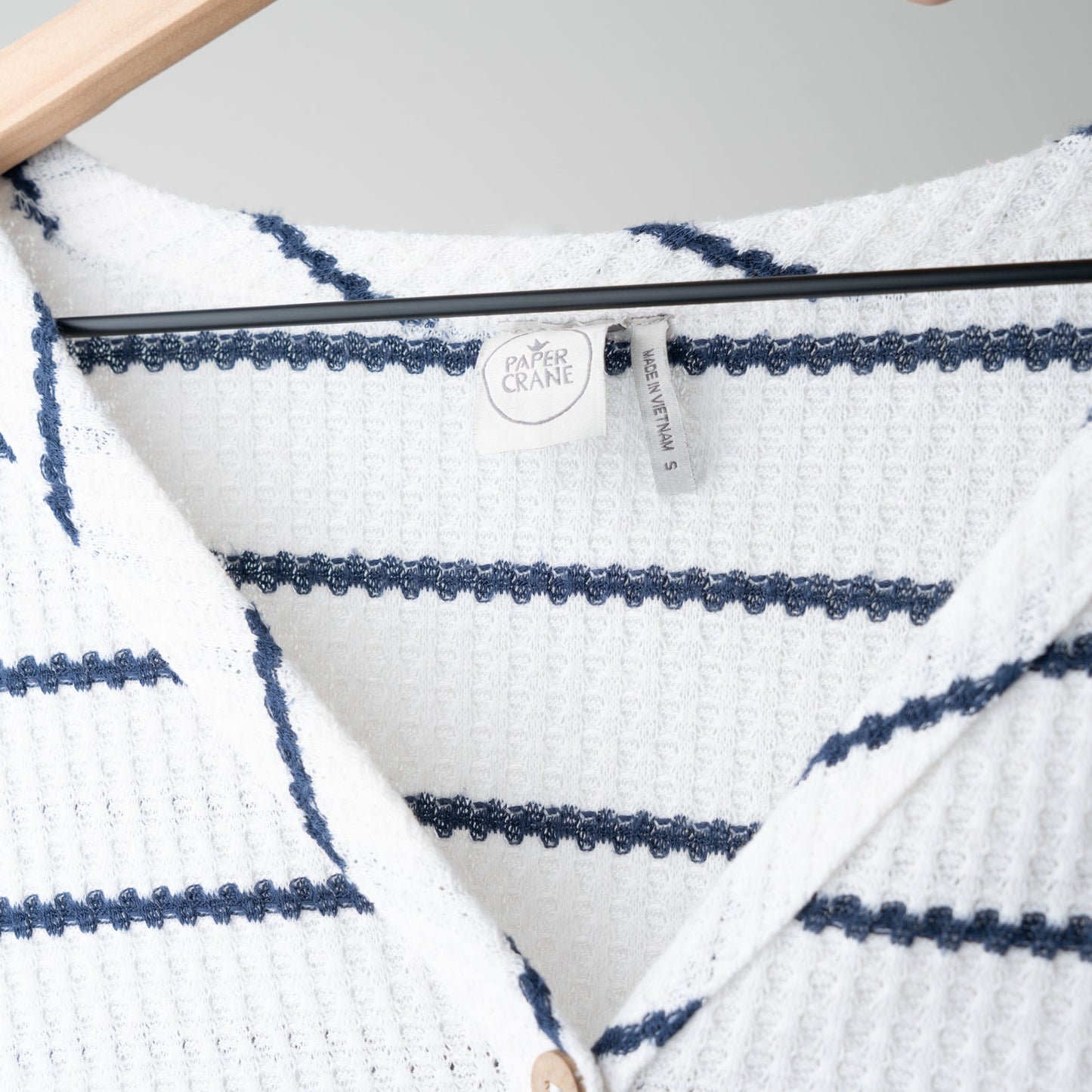 Paper Crane Waffle Knit Button Down Top Tie Waist Front Long Sleeve Striped EUC