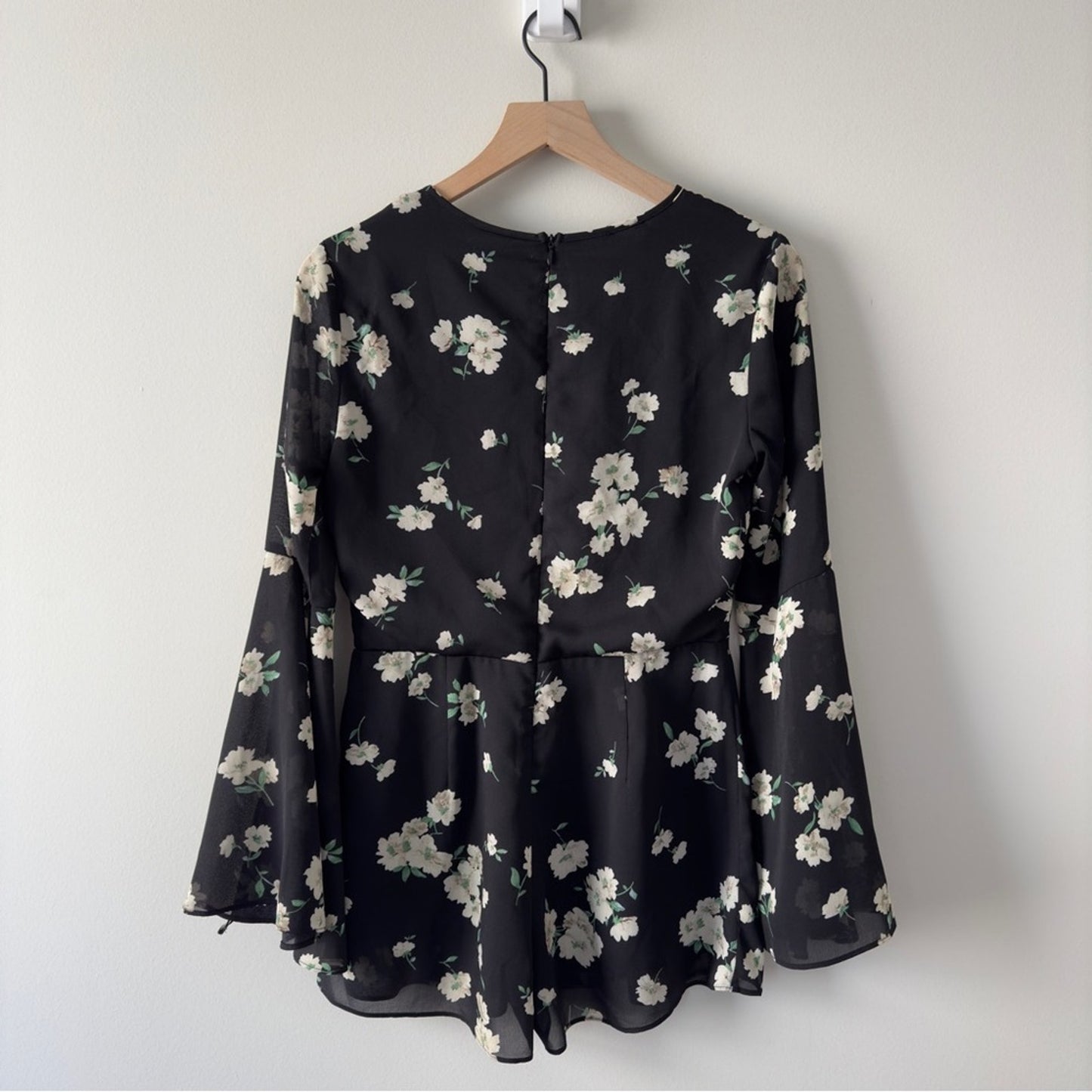 Anthropologie English Factory Black Floral Romper Long Bell Sleeves Preppy Flowy