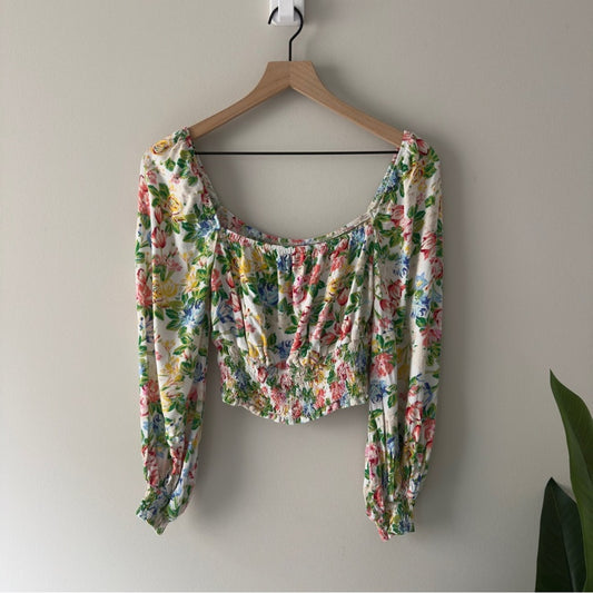 AFRM Revolve Sophie Smocked Top Floral Long Sleeve Square Neck Colorful Spring S