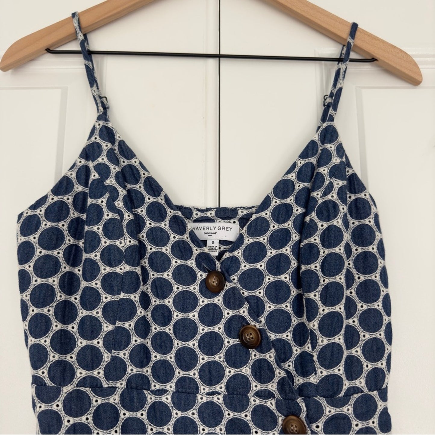 Waverly Grey Button Down Eyelet Circle Pattern Mini Dress Adjustable Spaghetti S