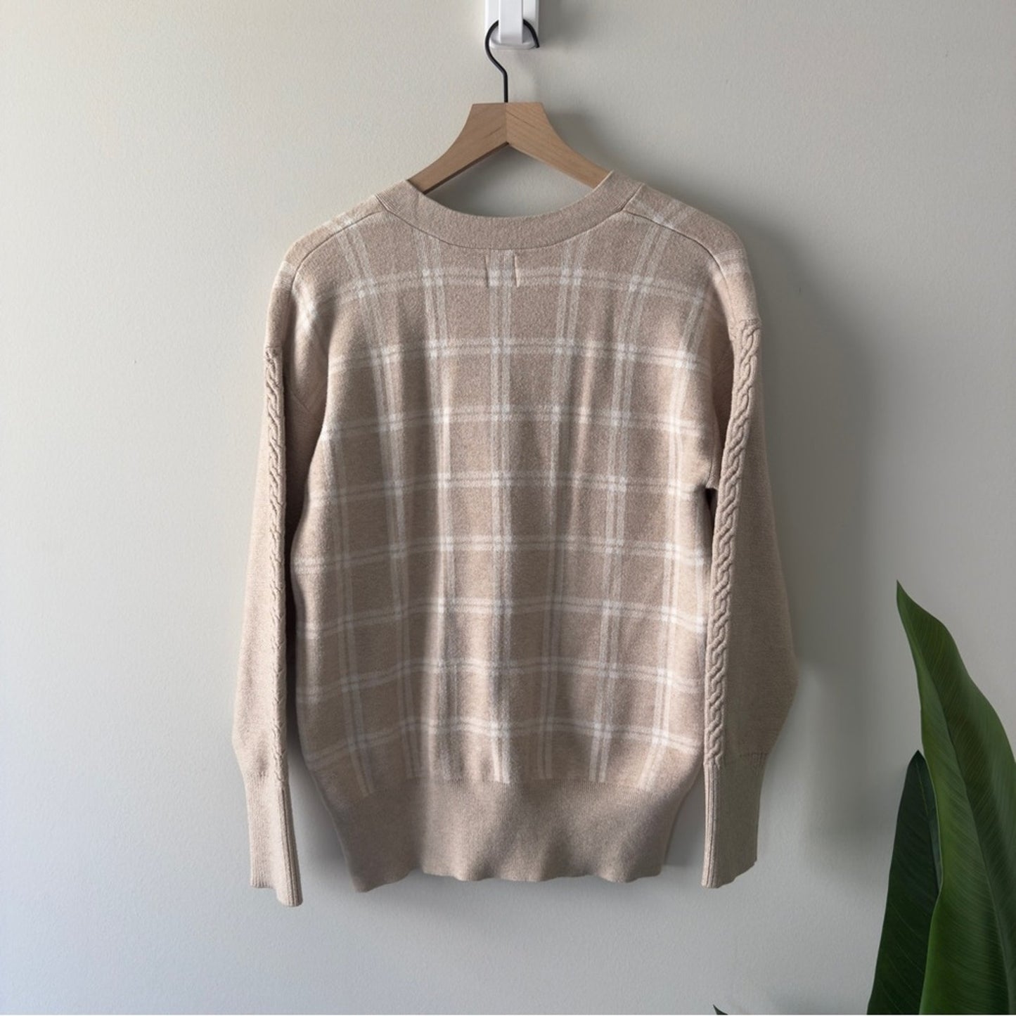 Joie Beige Plaid Cardigan long sleeve cable knit accent button down front