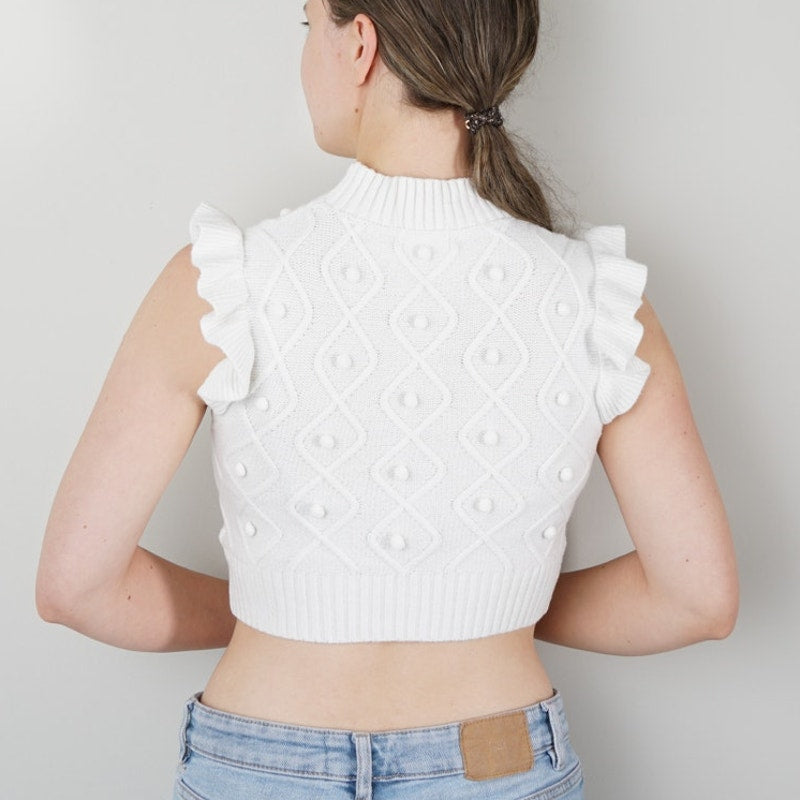 Vestique Cropped Sweater Vest Top Ruffle Cap Sleeves Pompom Jacquard Mock Neck M