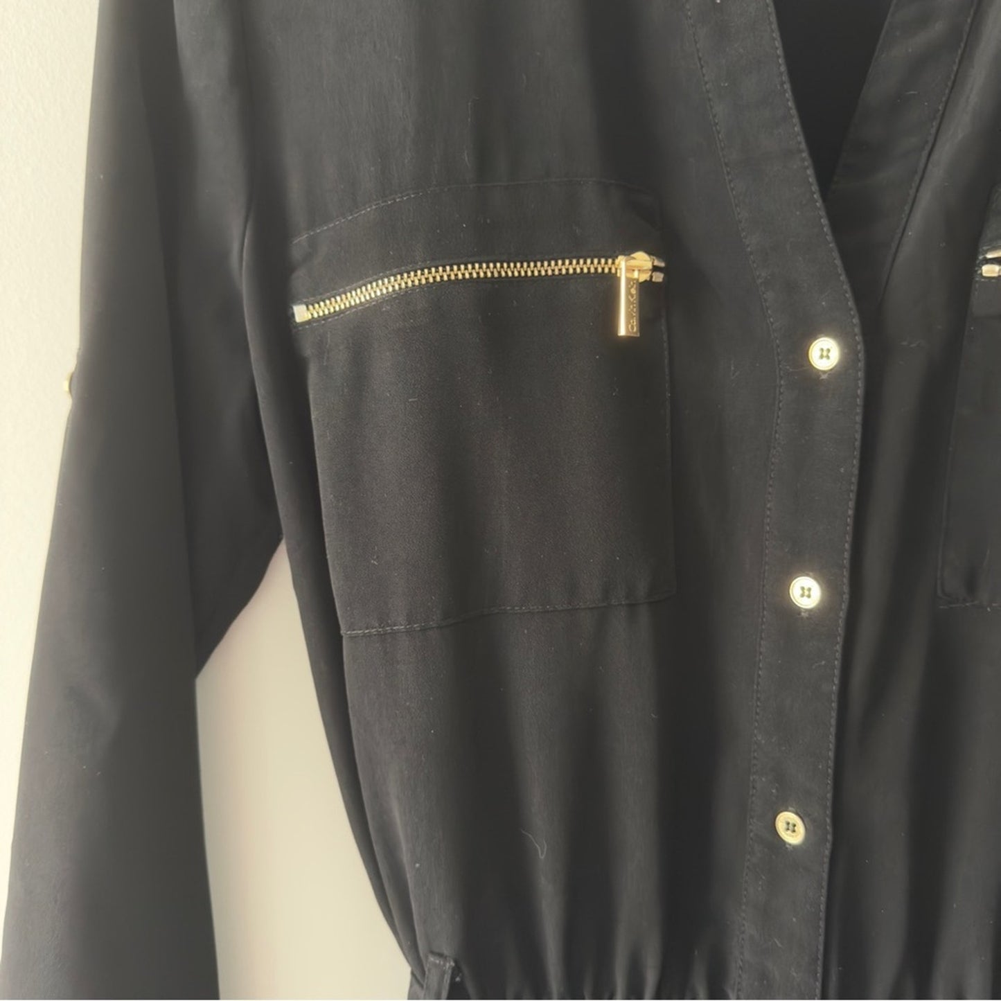 Calvin Klein Black Button-Up Front Jumpsuit Gold Accents Zipper Pockets Tie Belt