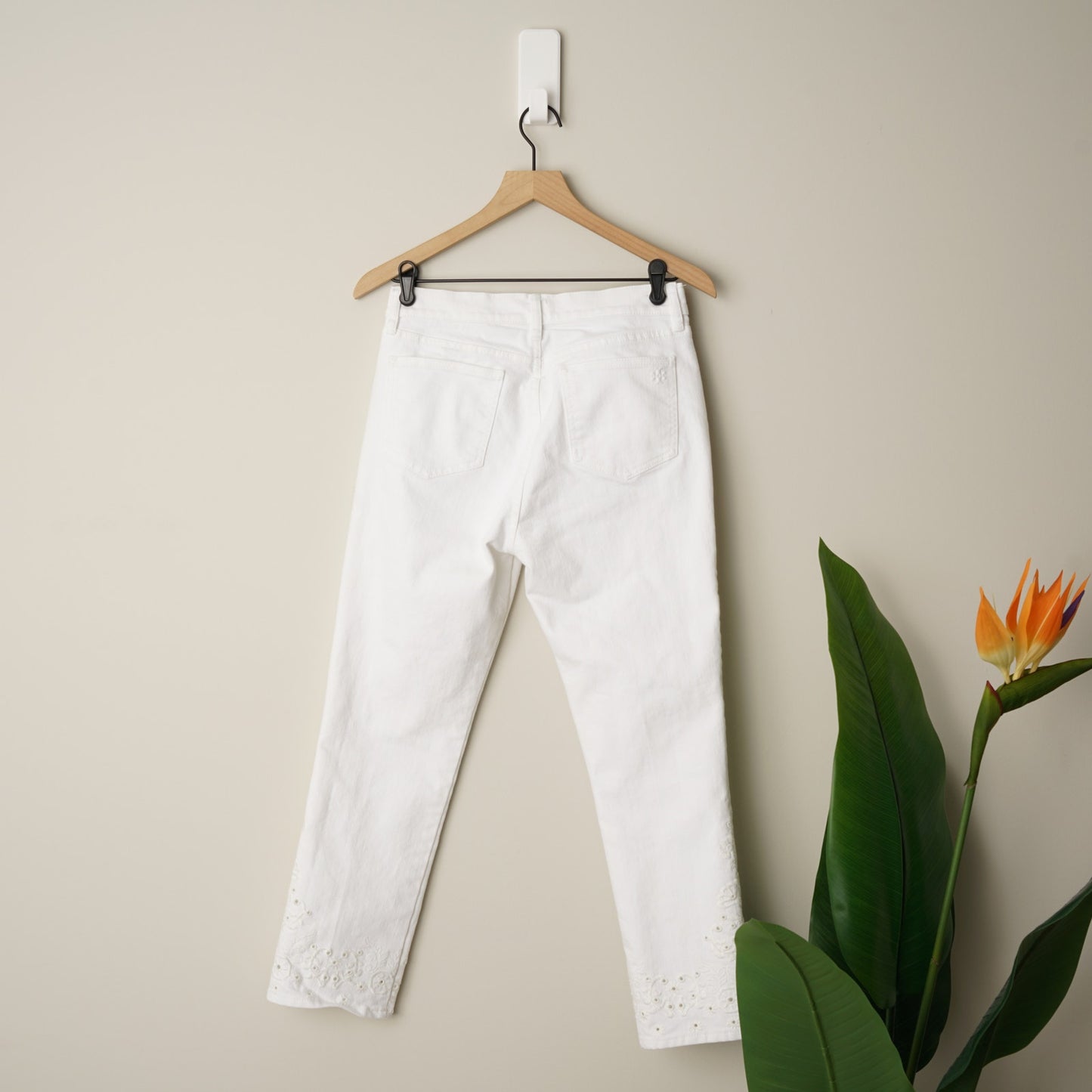 Tory Burch Keira High-Rise Cropped Jeans Floral Eyelet Motif Hem Cotton Zip EUC
