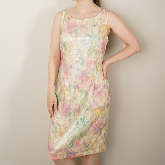Studio One New York Sequin Floral Dress Y2K Sparkly Sleeveless Party V Back EUC