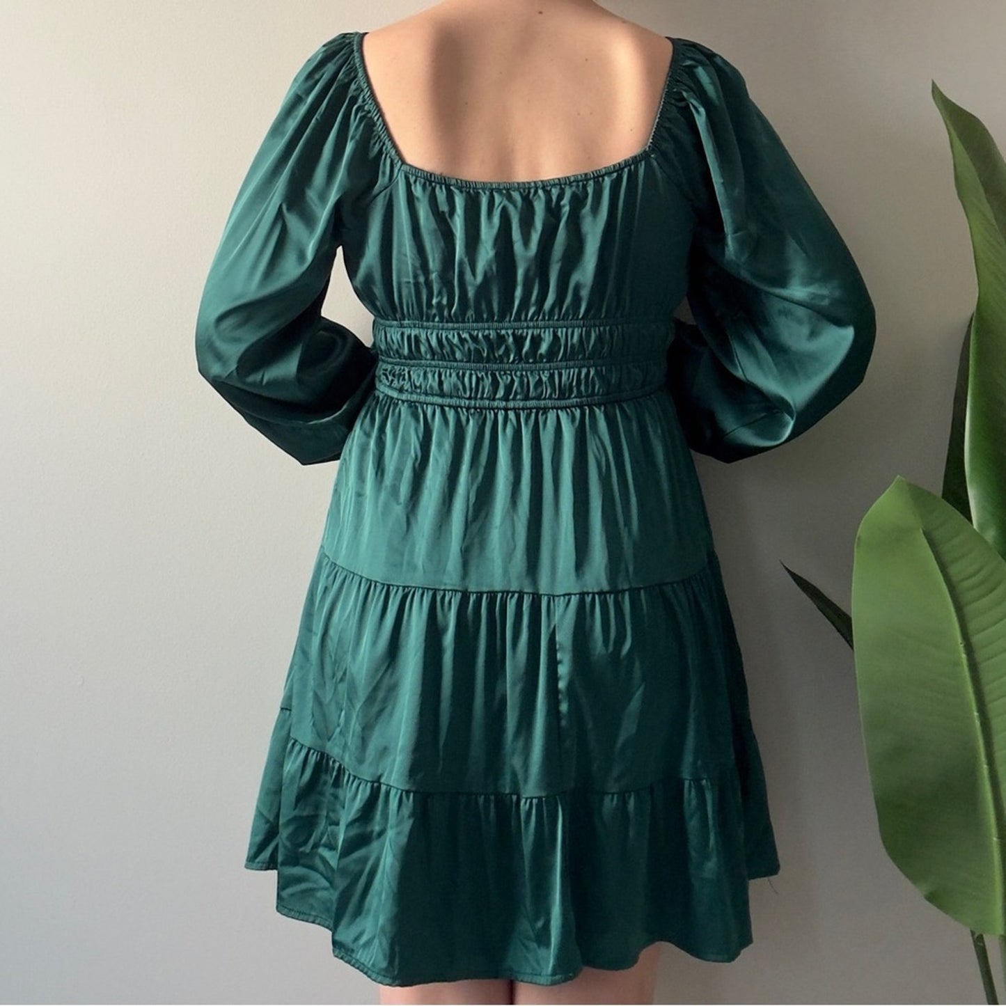 Altar’d State Emerald Green Long Sleeve Dress Tiered A-Lined Square Neck Ruched