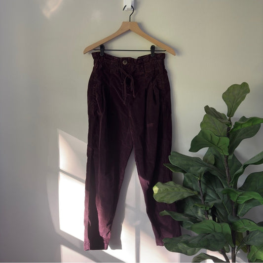 Free People Margate Corduroy Pants Burgundy Button Fly Paperbag Tie Waist Cords