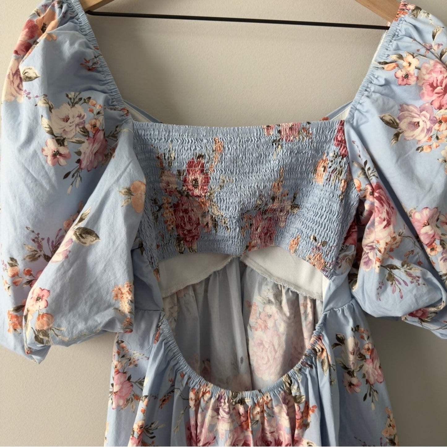 Altar’d State Floral Blue Puff Sleeve Mini Dress Scoop Neck Cutout Smocked Back
