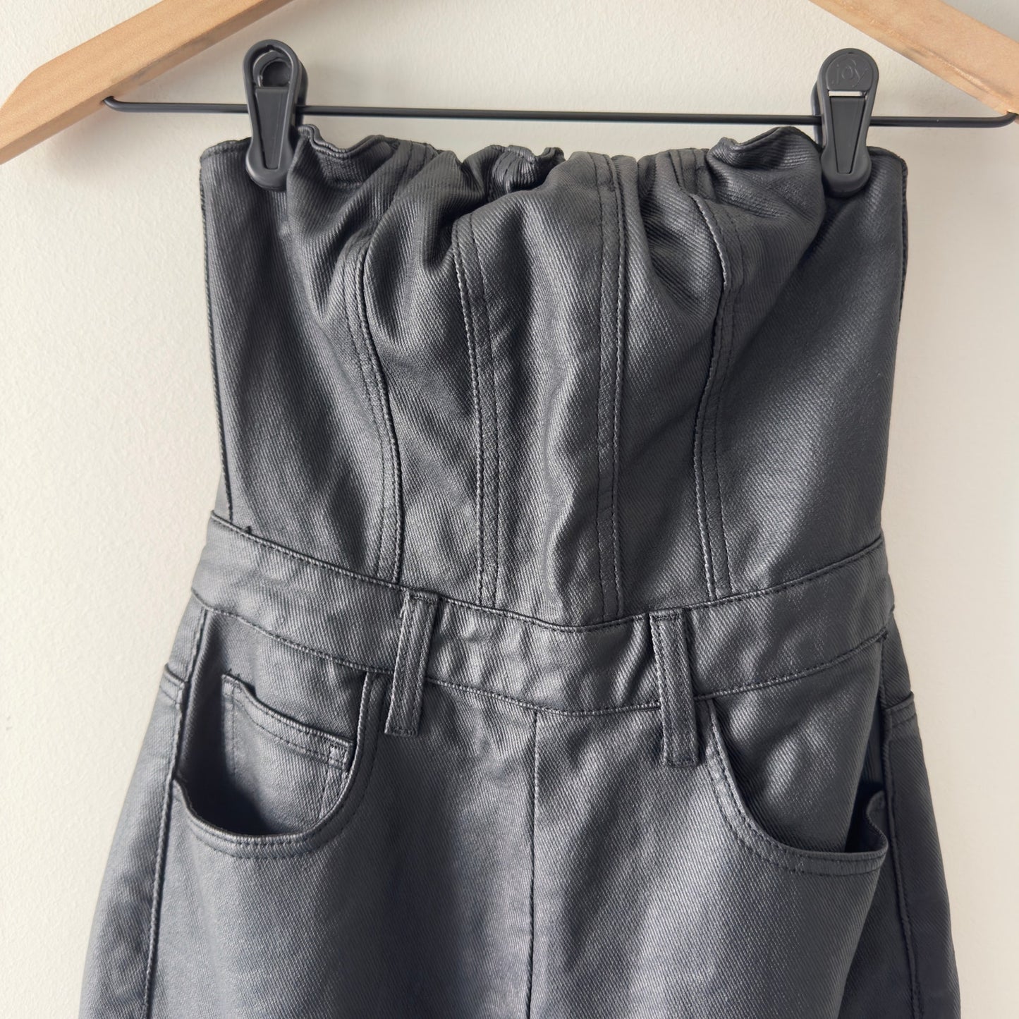 PrettyLittleThing Black Cargo Pocket Bandeau Denim Faux Leather Jumpsuit Pockets