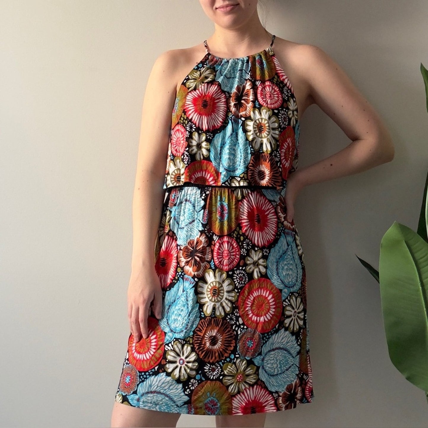 Loft Floral Halter Dress Mini tropical spaghetti strap tiered stretch summer NWT