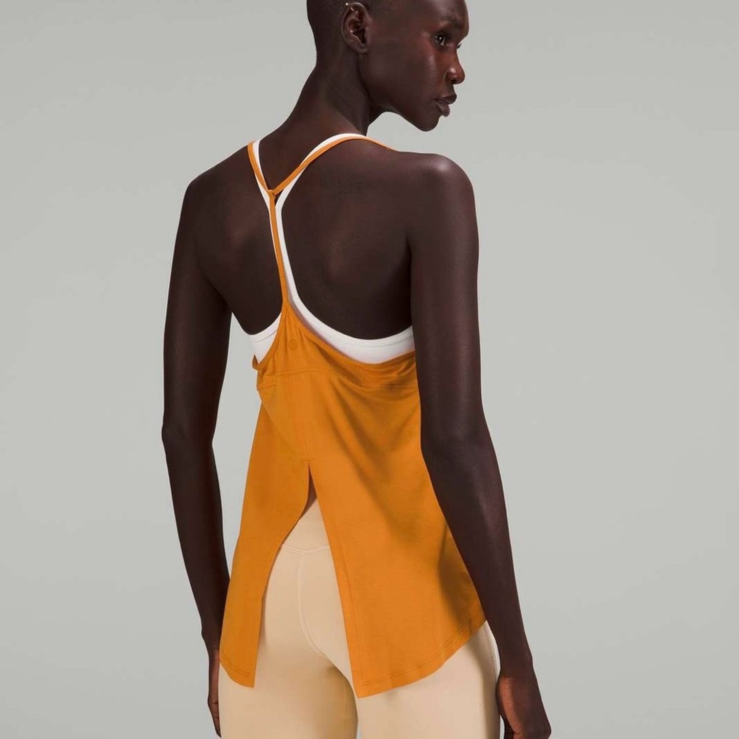 Lululemon Modal-Silk Yoga Tank Top in Autumn Orange athletic yoga Flowy tie back