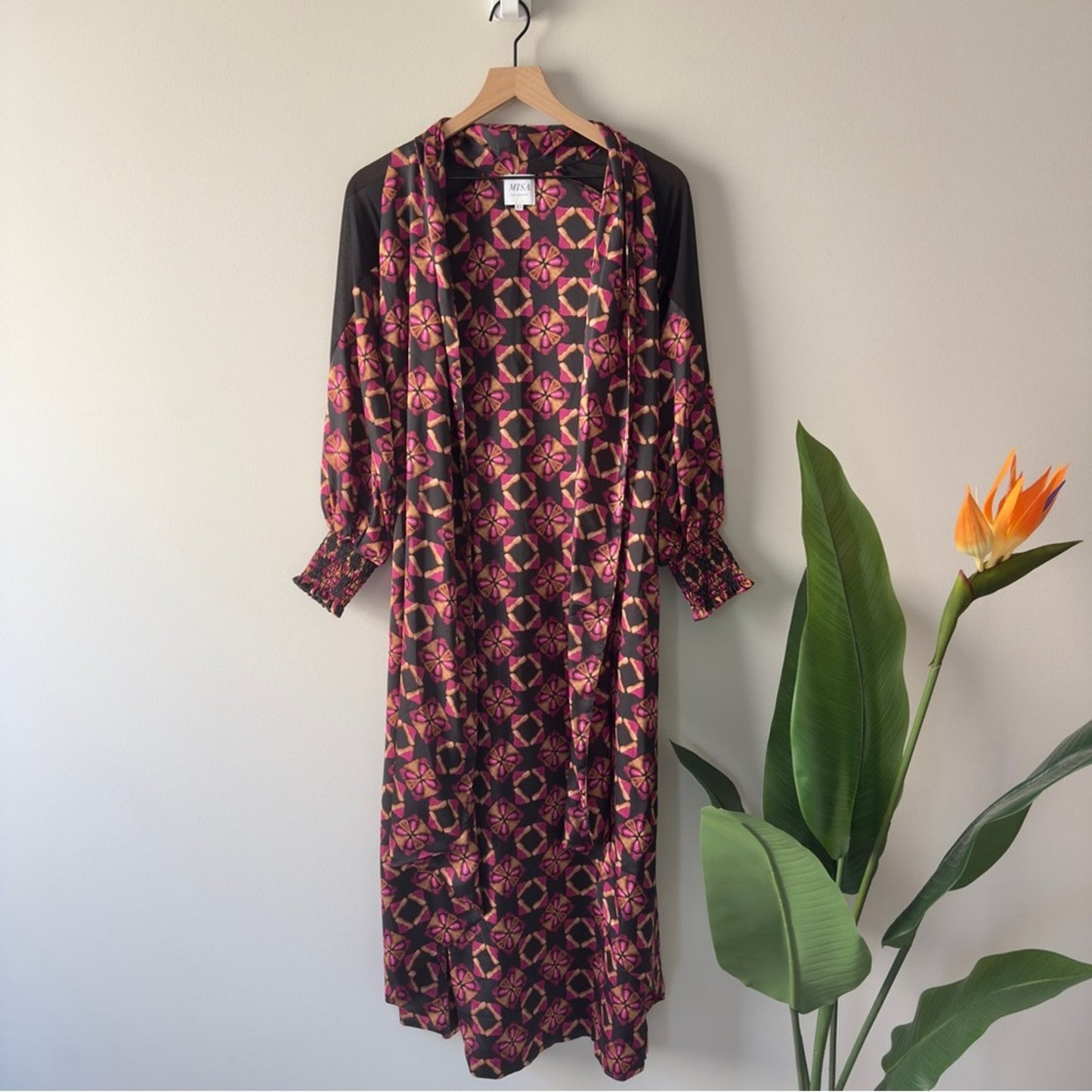 Misa Los Angeles Floral Wrap Dress Robe Long Sleeve Tie Waist Made in USA XS EUC