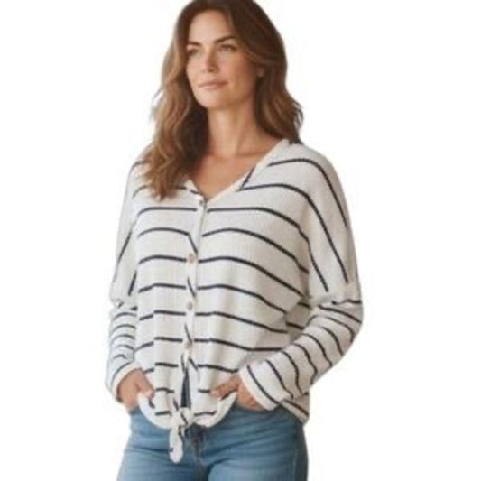Paper Crane Waffle Knit Button Down Top Tie Waist Front Long Sleeve Striped EUC