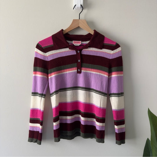 Kate Spade Fine Stripe Polo Sweater 100% Merino Wool Tight Knit preppy light EUC