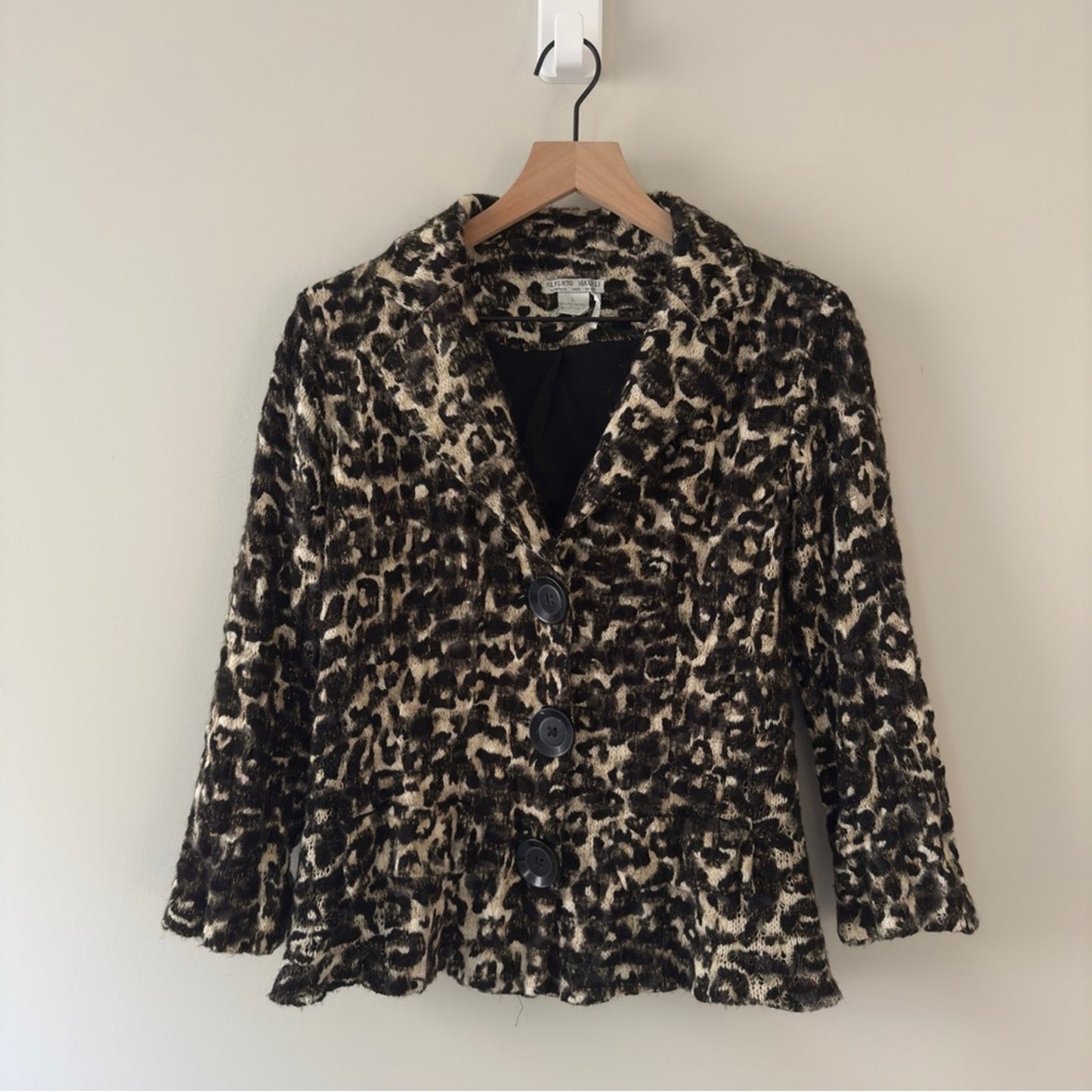 Alberto Makali Vintage leopard Print Button-Up knit blazer Jacket faux pockets L