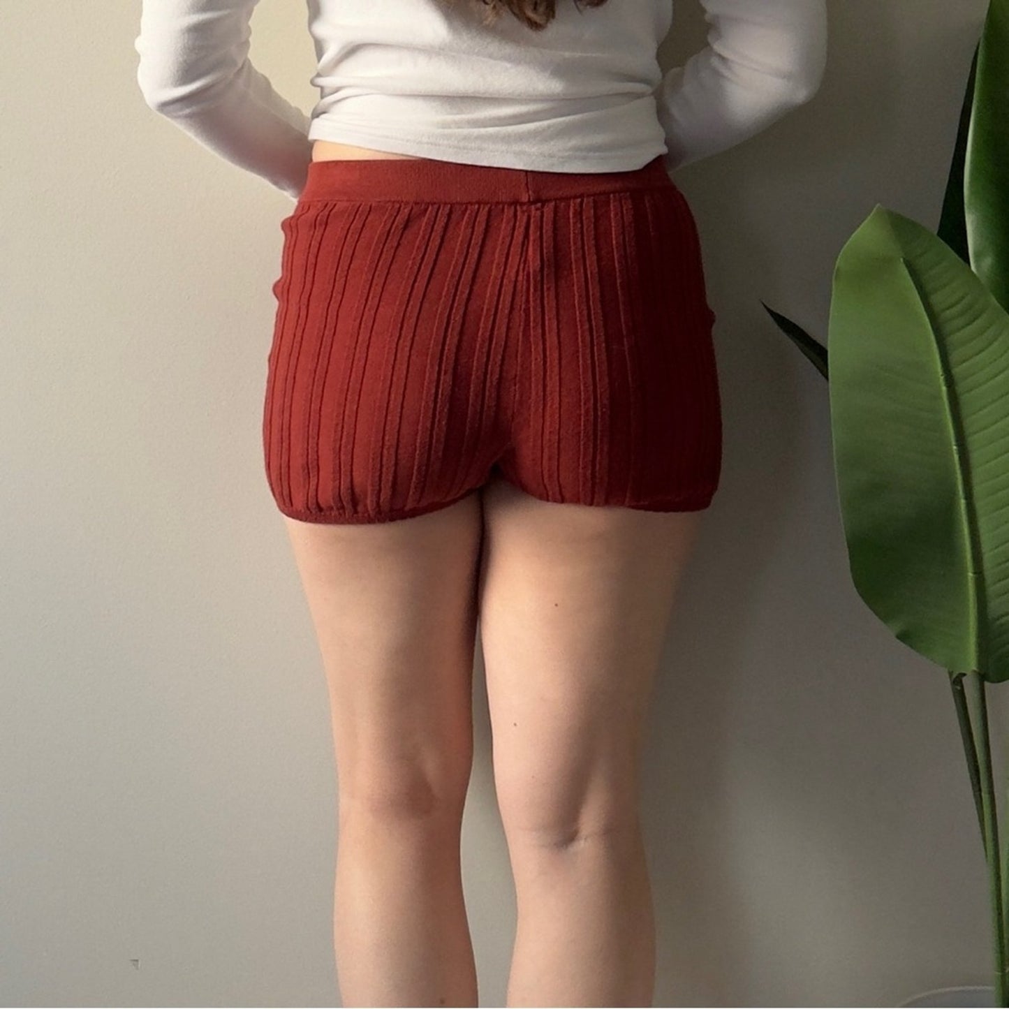 Anthropologie Ribbed Button-Up Shorts Rust cotton blend pull on stretch micro S