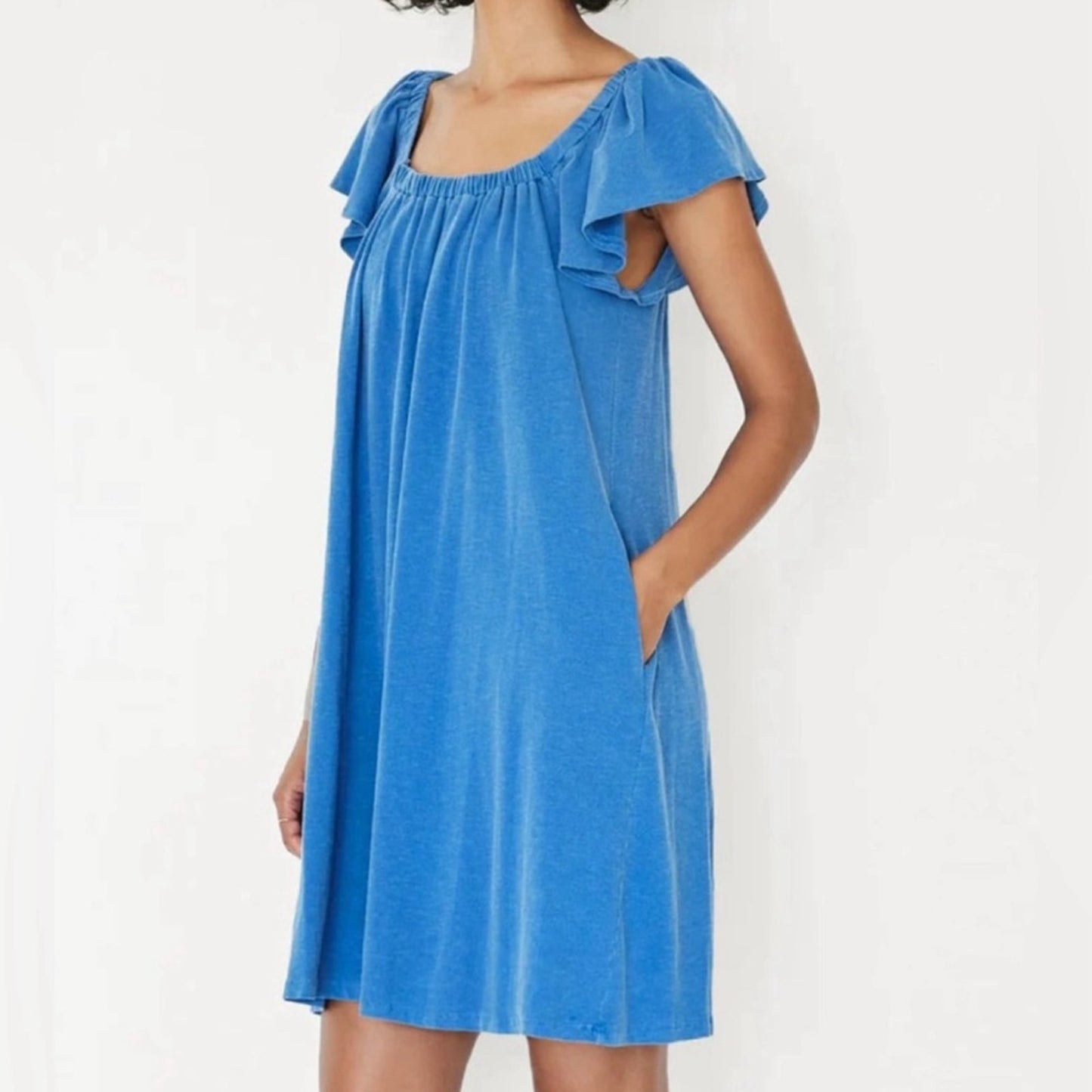 Sundry Mini Trapeze Dress Blue Square Neck Flutter Sleeve Sundress Cotton Summer
