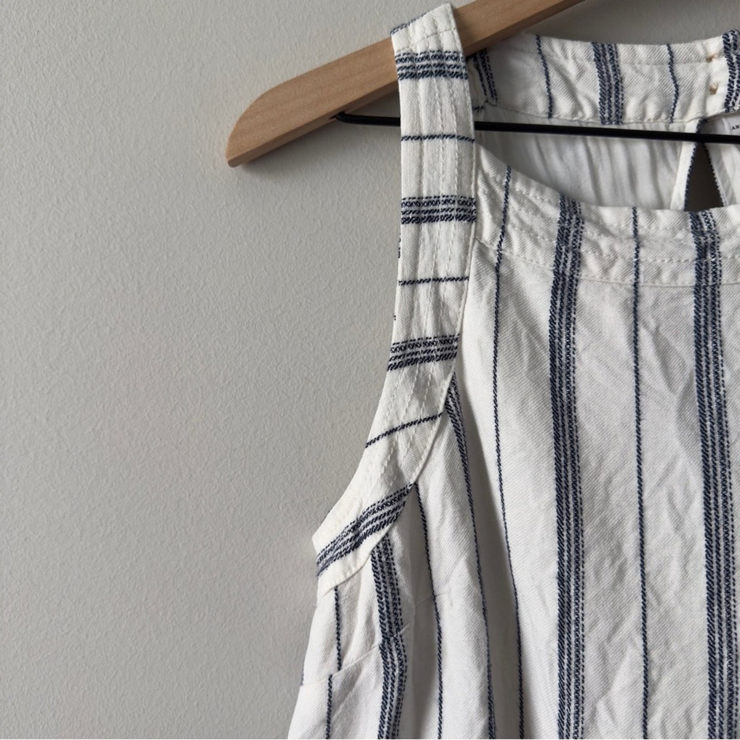 Anthropologie Akemi + Kin White Navy Striped Shift Dress Mini Fringe Hem buttons