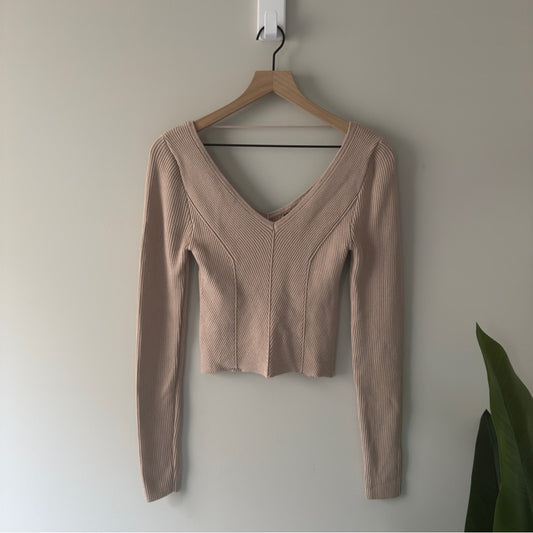 PacSun Beverley and Beck Ribbed V-Neck Sweater Top Cropped Long Sleeve Autumn M