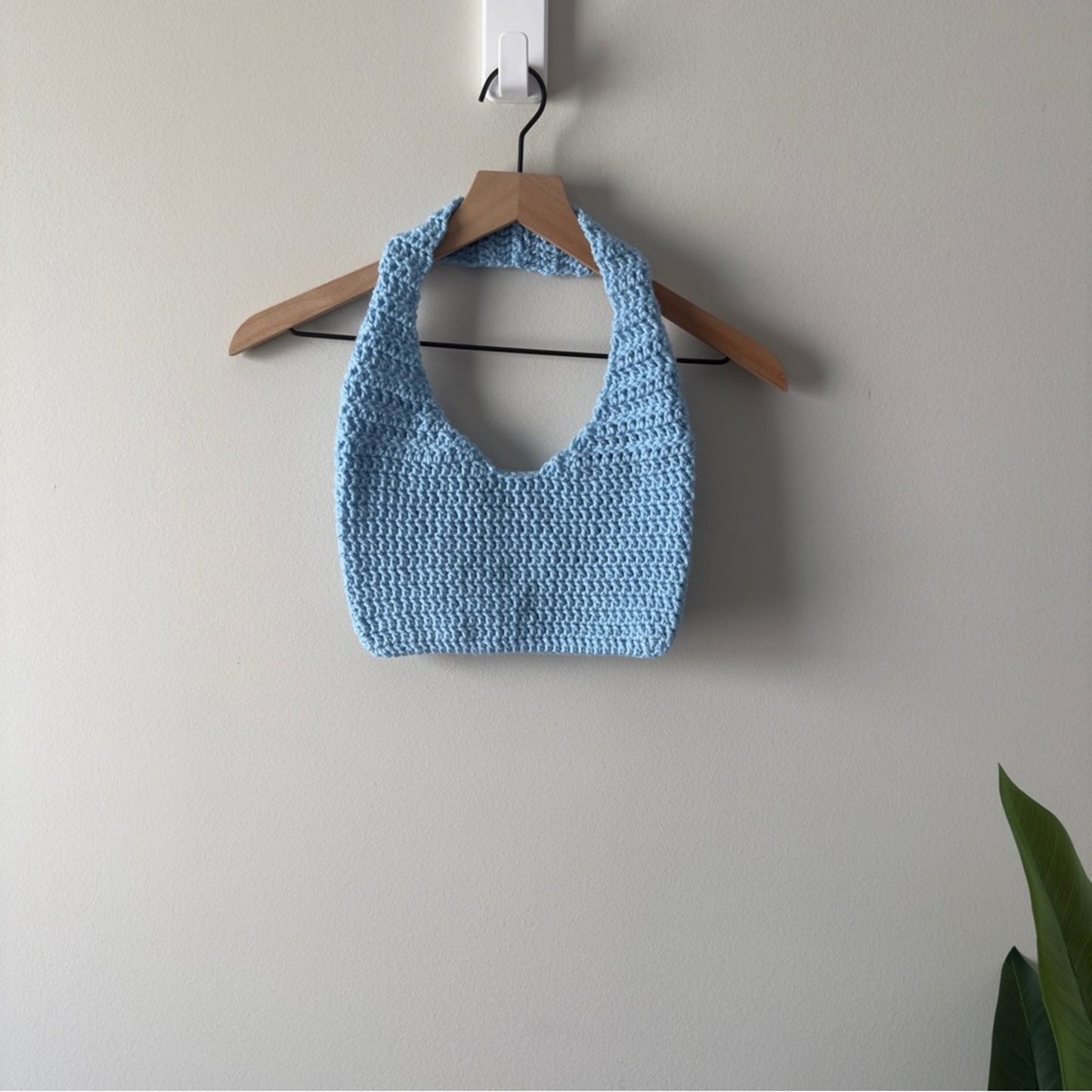 Handmade Crochet Y2K Light Blue Shoulder Bag Solid Knit Cute Lightweight