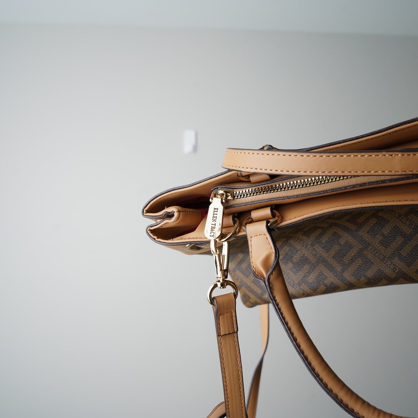Ellen Tracy Logo Print Coated Canvas Satchel Handbag Detachable Adjustable Strap