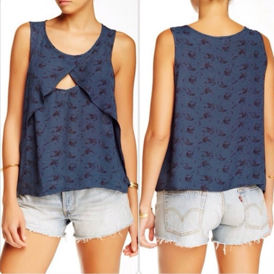 Free People Indigo Combo Tank Top Floral Print Cutout Sleeveless Crinkle Cut Out