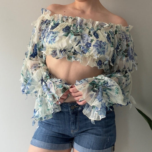 Shein Floral Off-Shoulder Ruffle Top Long Sleeve Cropped Crop Frilly Spring EUC