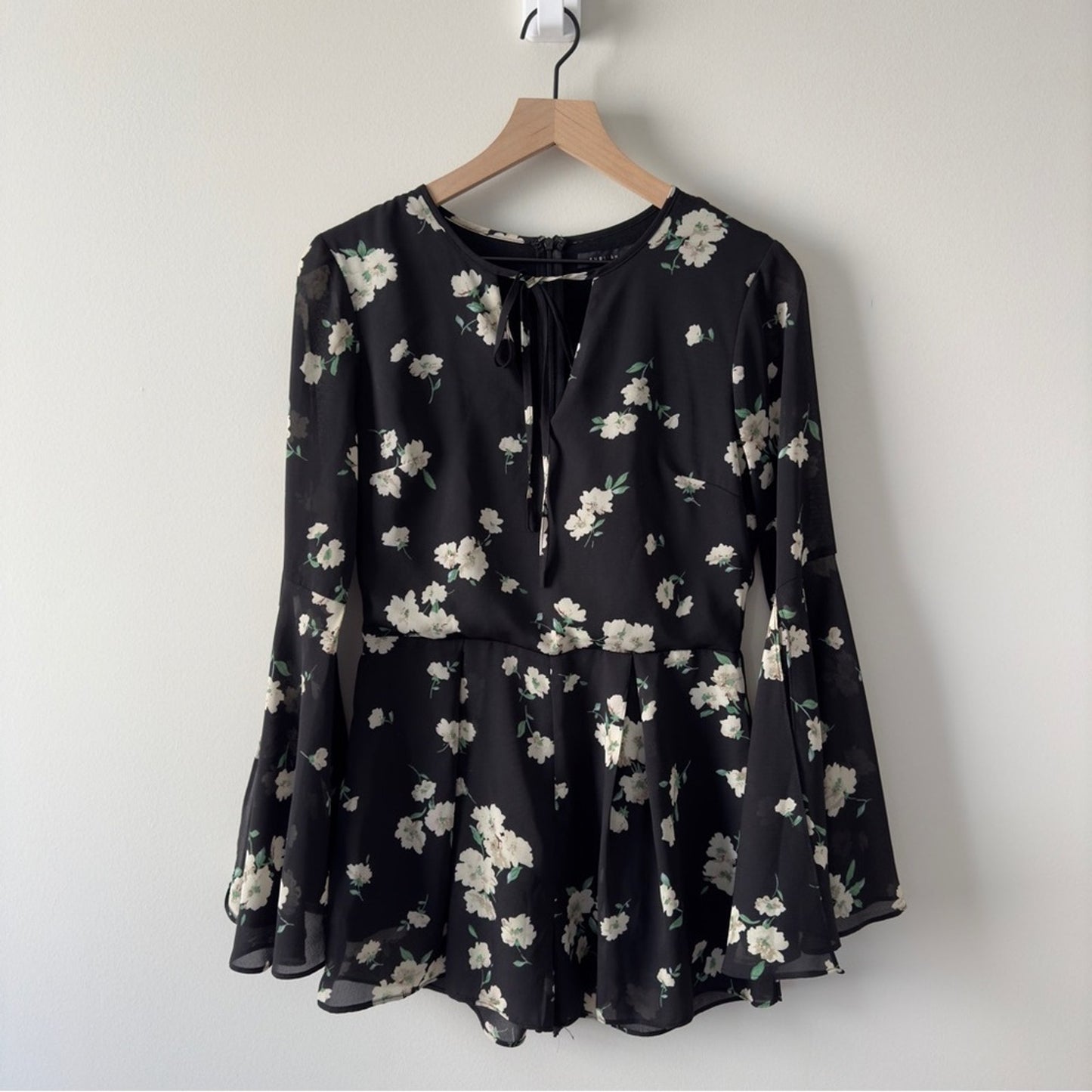 Anthropologie English Factory Black Floral Romper Long Bell Sleeves Preppy Flowy