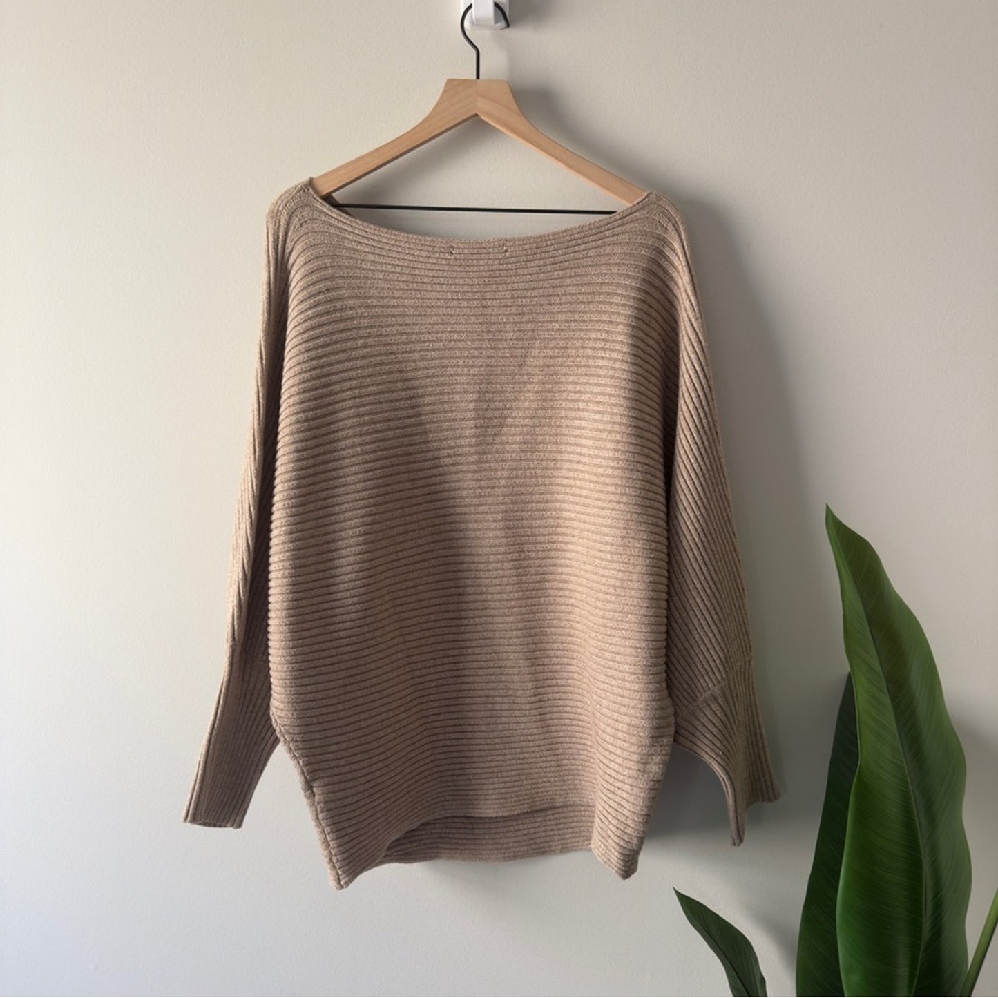 Anthropologie Beige Tan Ribbed Crew Sweater Batwing Long Sleeve Solid Autumn 2X