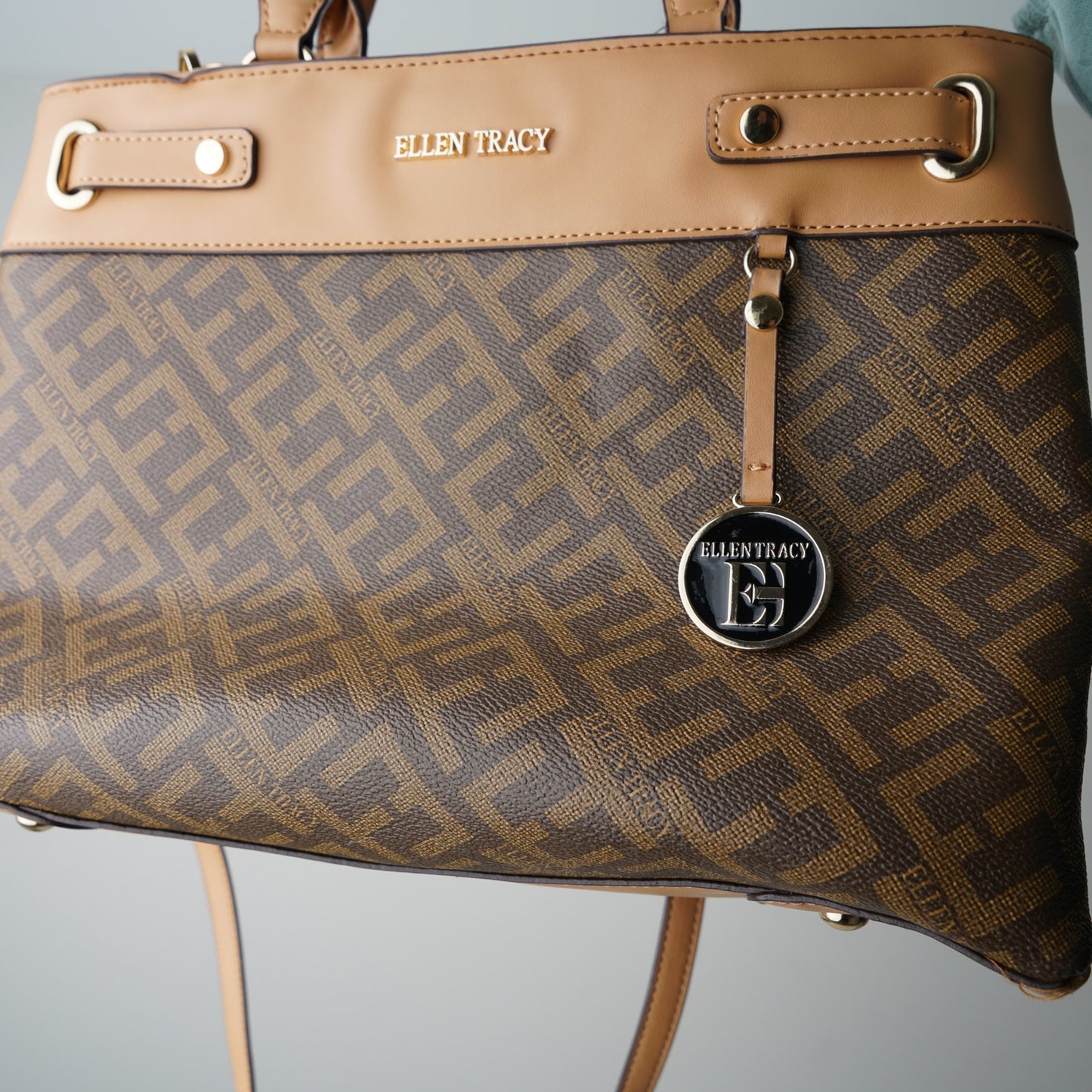 Ellen Tracy Logo Print Coated Canvas Satchel Handbag Detachable Adjustable Strap