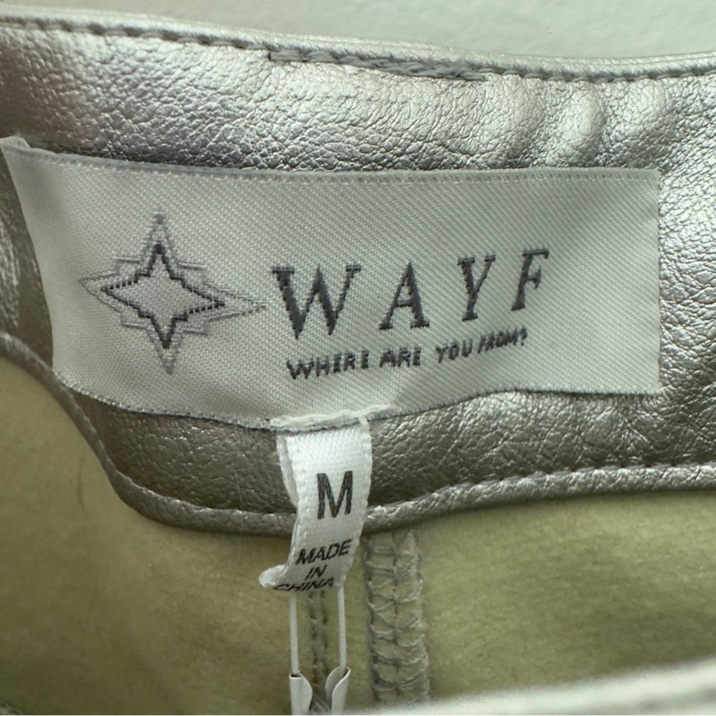 Wayf Silver Metallic Pants straight leg futuristic zip button pockets belt loops