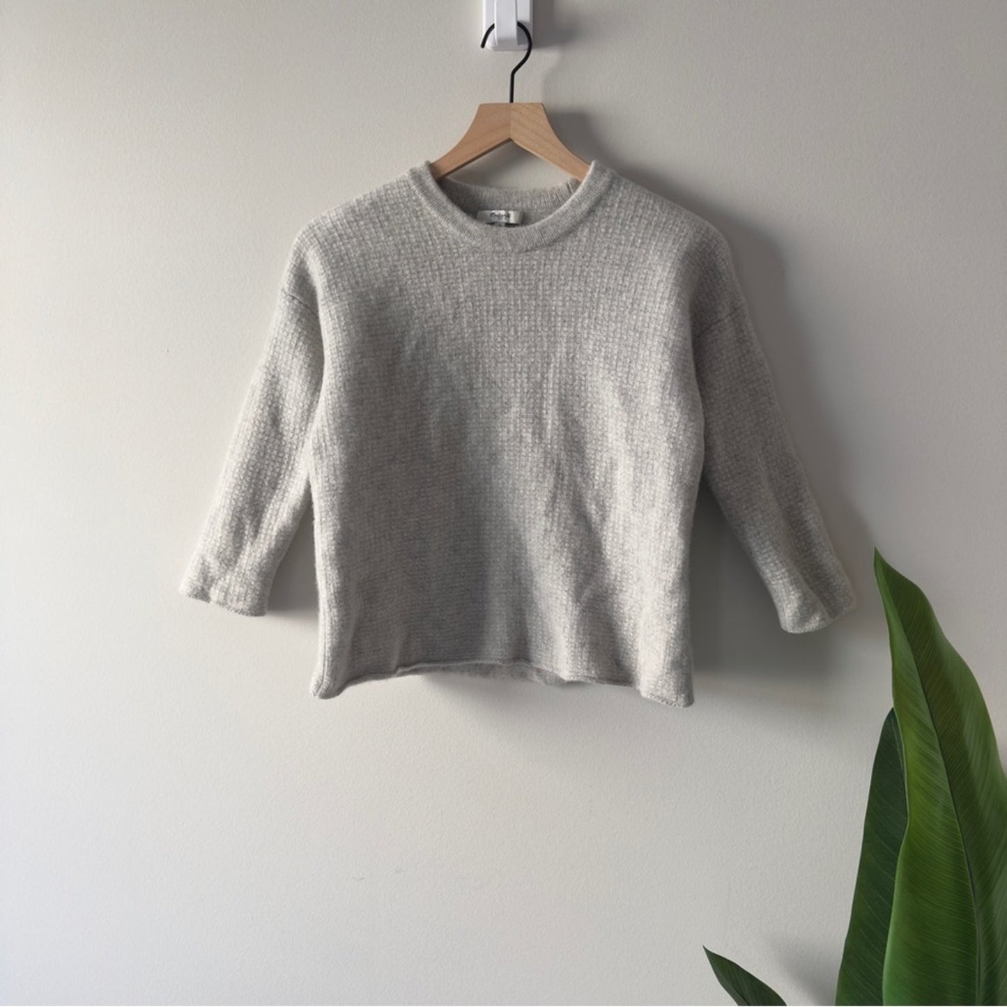 Madewell 100% Merino Wool Light Gray Crew Neck Sweater 3/4 Sleeve Grid Knit