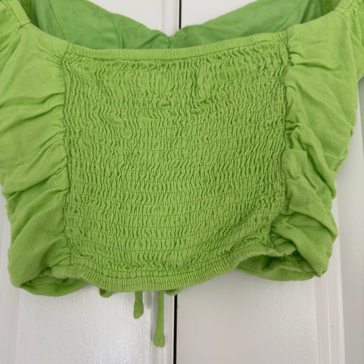 Princess Polly Darshan Top Lime cropped cinched ruched front cap sleeve v-neck 2