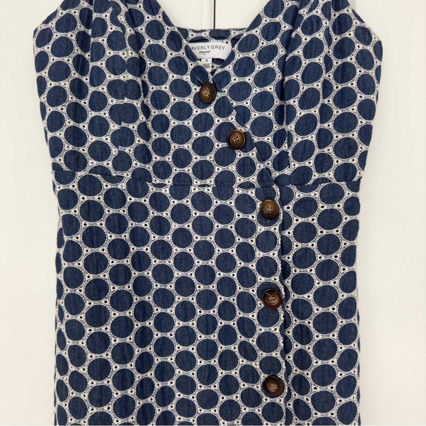 Waverly Grey Button Down Eyelet Circle Pattern Mini Dress Adjustable Spaghetti S