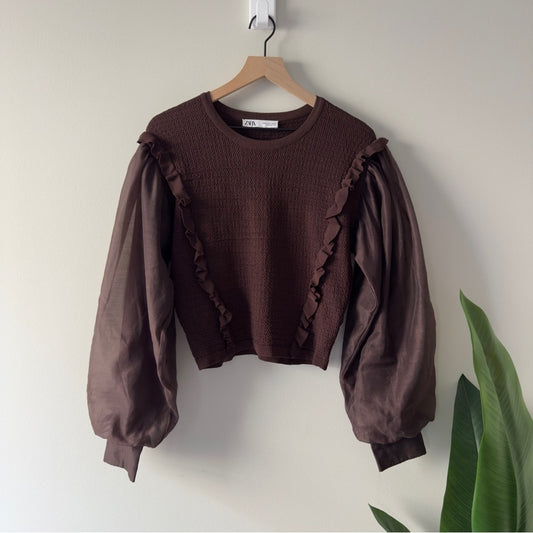 Zara Brown Ruffle Blouse Knit Puff Sheer Long Sleeves Crew Neck Sweater Top EUC