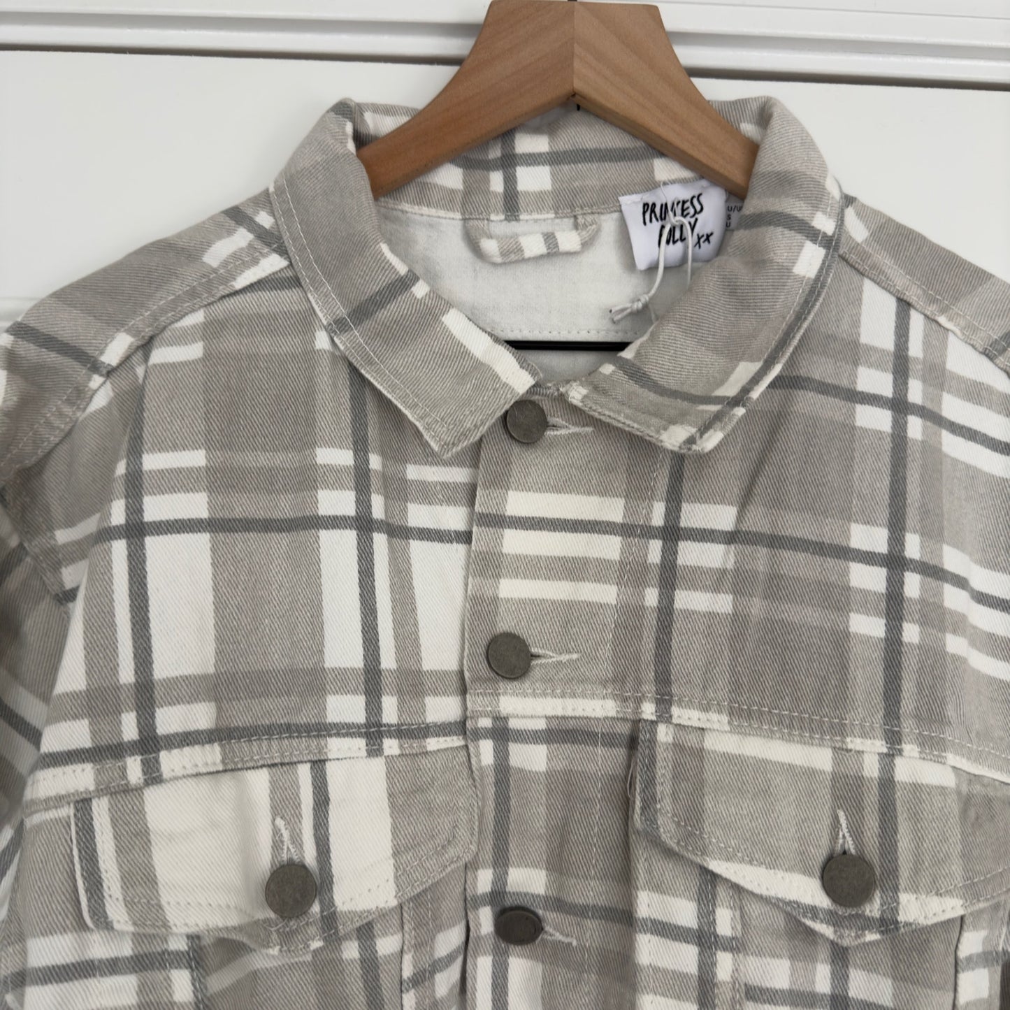 Princess Polly Brielle Denim Jacket in Beige Check Plaid Button Down 100% Cotton