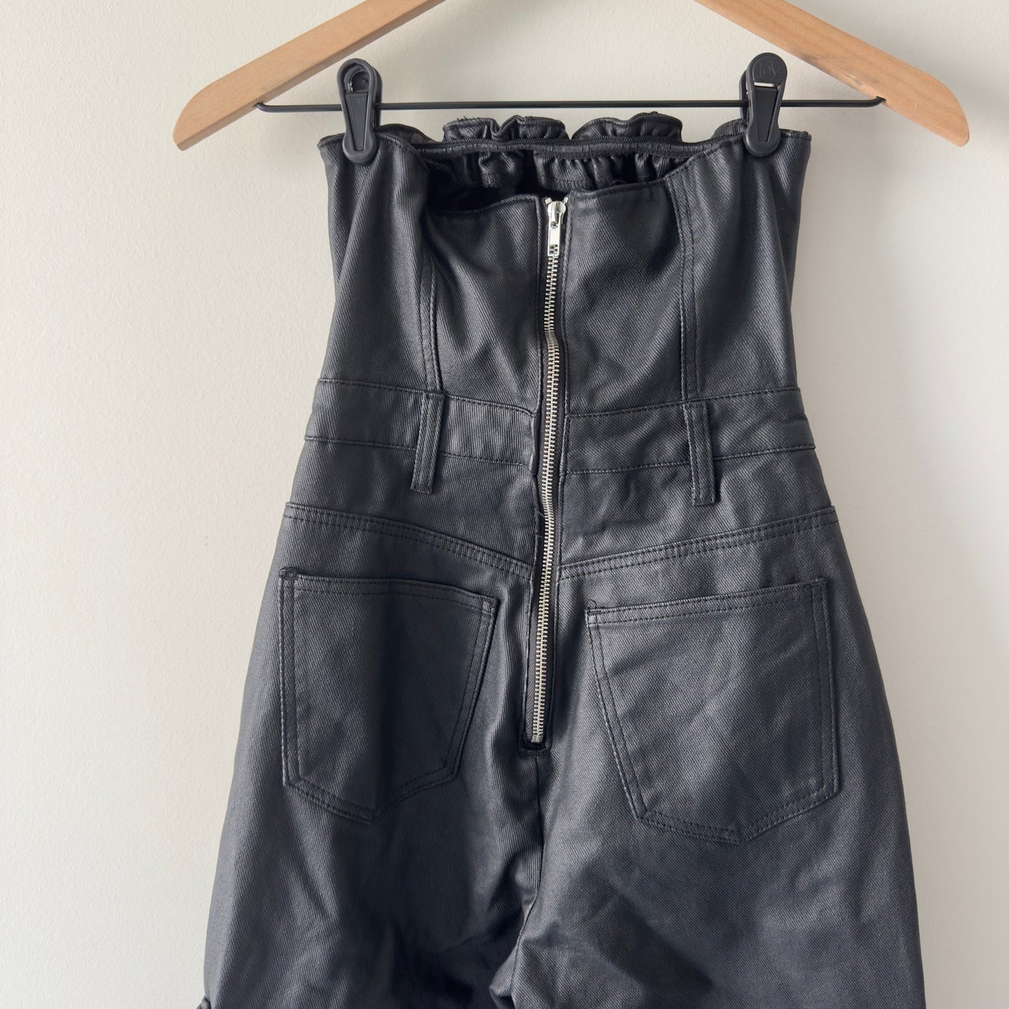 PrettyLittleThing Black Cargo Pocket Bandeau Denim Faux Leather Jumpsuit Pockets