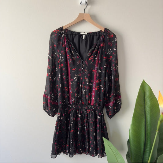 Joie Elegant Silk Dress smocked drop waist black red floral button up lined EUC