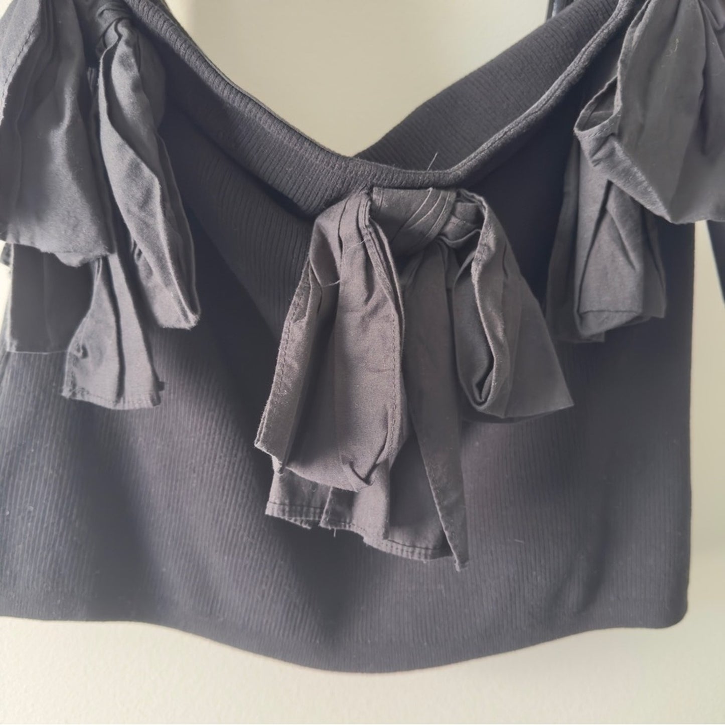 Anthropologie Dolan Left Cost Black Off-Shoulder Bow Top Ribbed Preppy Party EUC