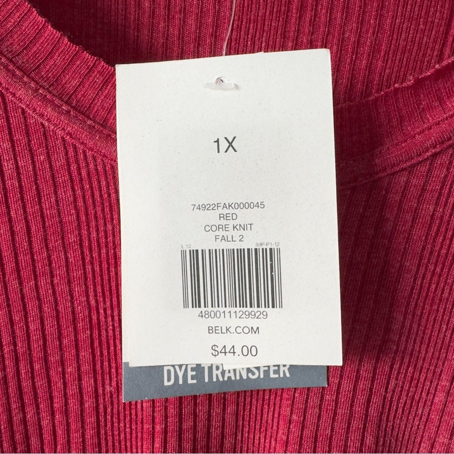 True Craft Red Babydoll Top Long Sleeve round neck cotton blend solid ribbed NWT