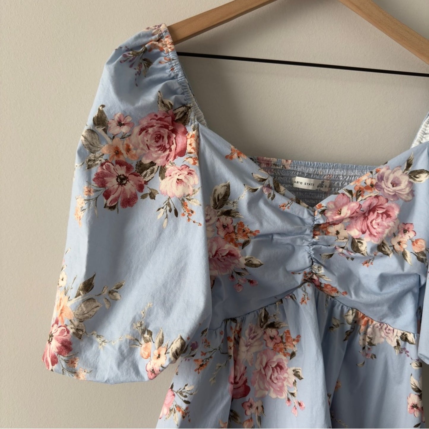 Altar’d State Floral Blue Puff Sleeve Mini Dress Scoop Neck Cutout Smocked Back