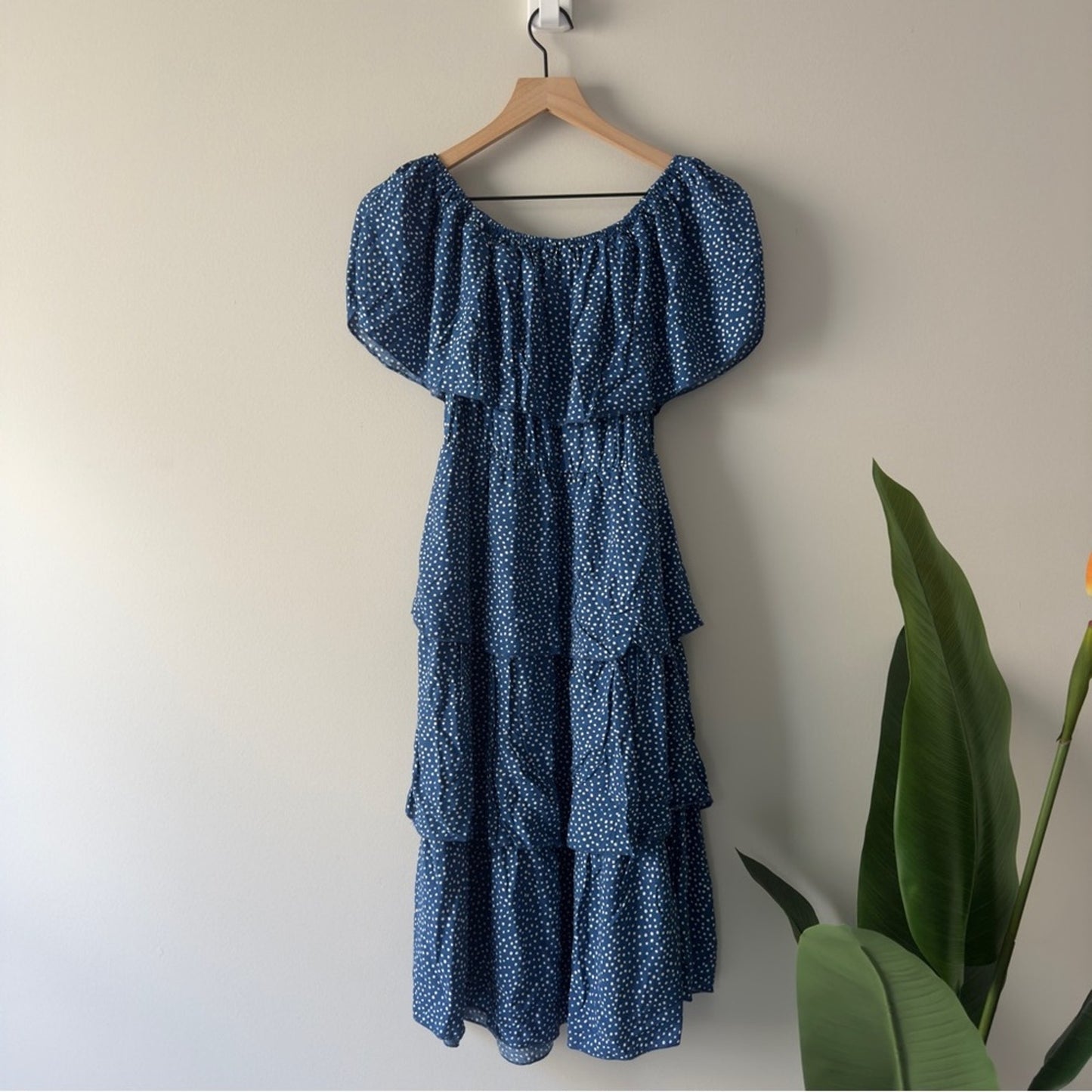 NWT Vernacular Off the Shoulder Blue White Polka Dot Dress Tiered Romantic Midi