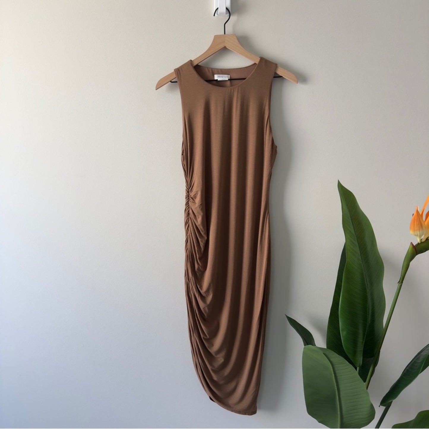 Lovers + Friends Revolved Tan Midi Dress cinched ruched asymmetric sleeveless L