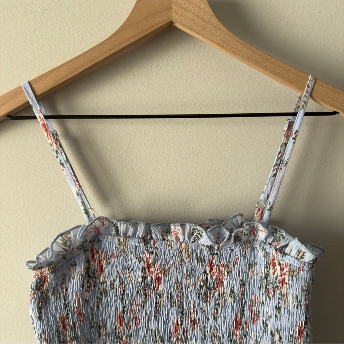 Anthropologie Mable Asher Smocked Midi Dress Blue Floral Ruffle Tiered Bodycon M