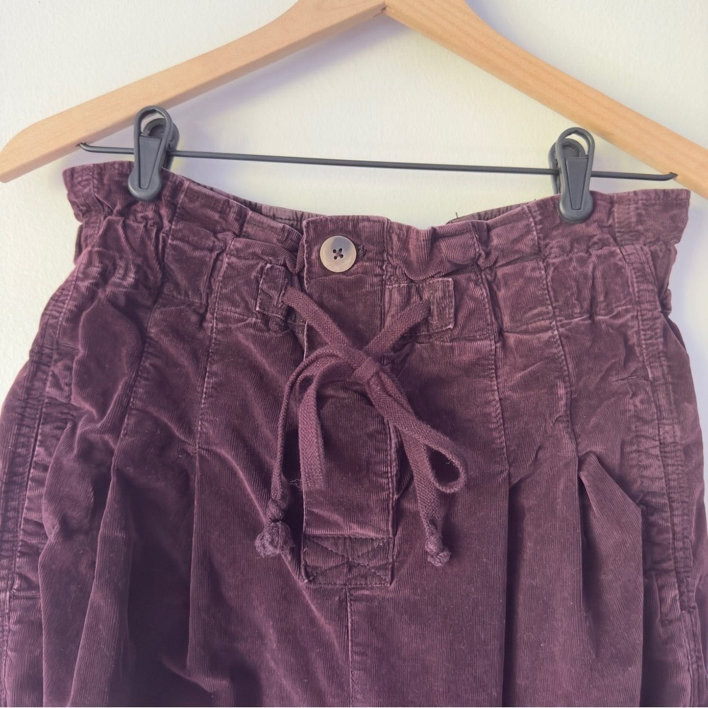 Free People Margate Corduroy Pants Burgundy Button Fly Paperbag Tie Waist Cords