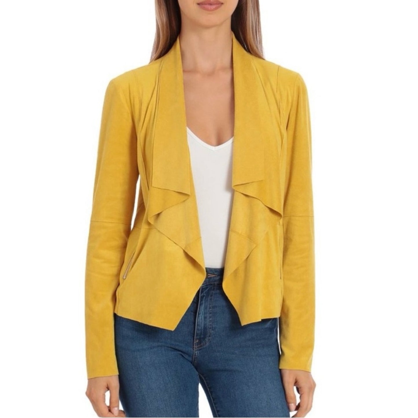 Bagatelle Faux Suede Yellow Open Front Jacket Long Sleeve Front Zipper Pockets M