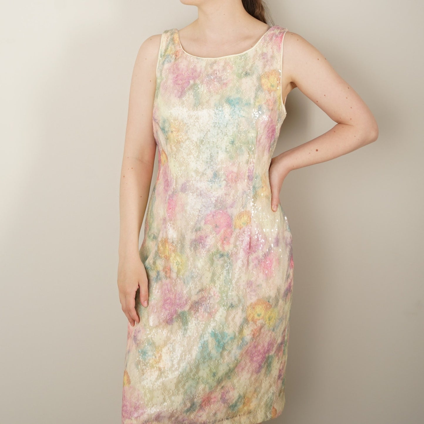 Studio One New York Sequin Floral Dress Y2K Sparkly Sleeveless Party V Back EUC