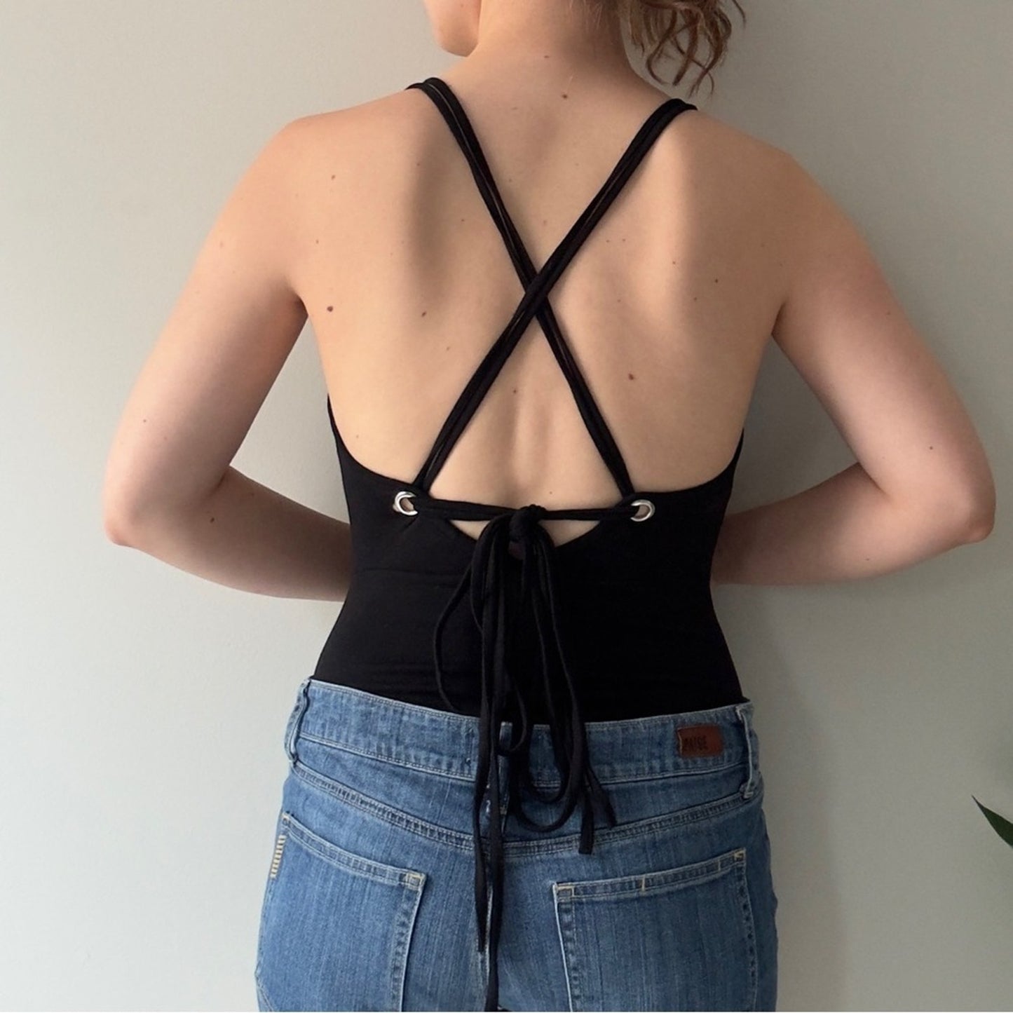 Charlotte Russe Black Strappy Bodysuit Tie Back One Piece Spaghetti Strap Solid