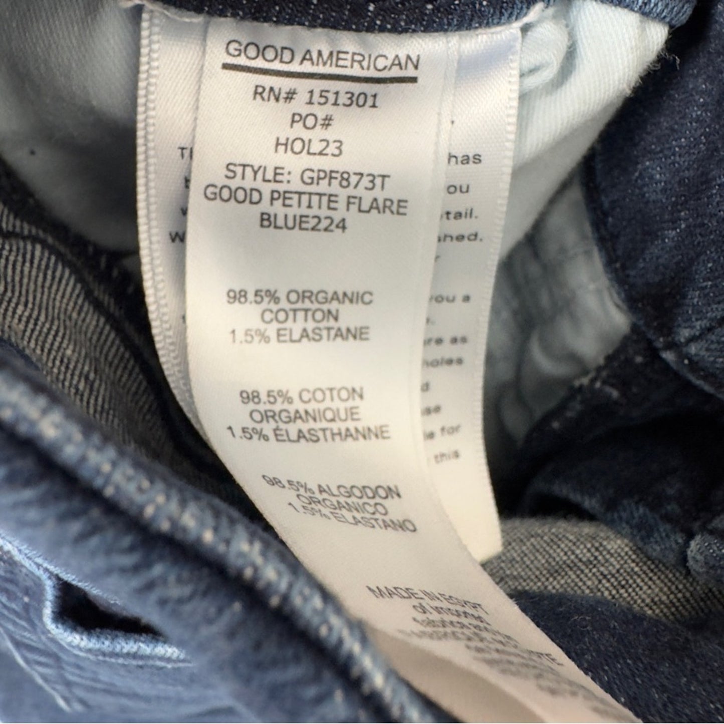 Good American Good Petite Flare Jeans in Blue224 Organic Cotton Dark Wash 15 EUC