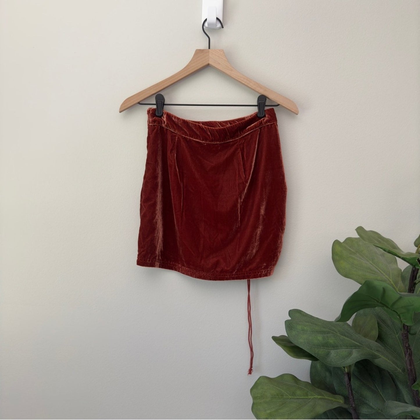 Free People Ruched Velvet Mini Skirt Adjustable Tie Hem Zipper Zip Up Side Brown